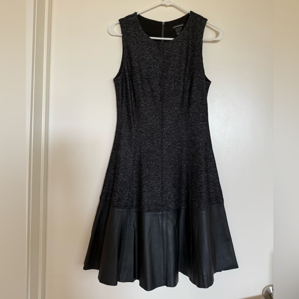 NWOT Size 2 Club Monaco Textured/Marled Wool Blend  Dress with Wide Leather Trim
